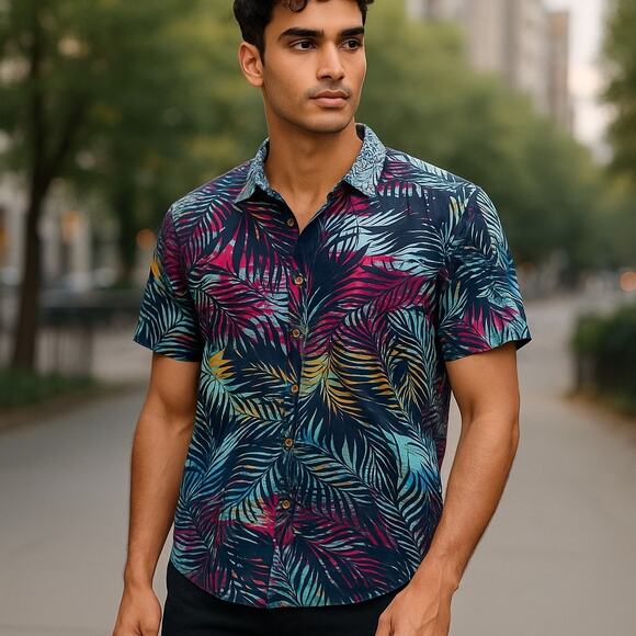 Men’s Cotton Tropical Hawaiian Casual Button Down XL Blue Resortwear Vacation - Picture 1 of 4